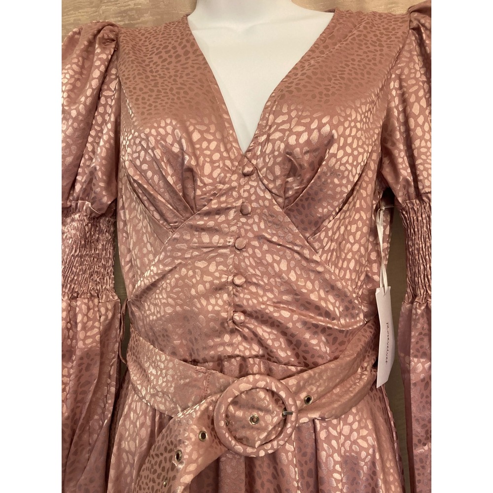 Rosevelvet Pink Satin Leopard Print Midi Dress Size S Puff Sleeve Belted - Picture 2 of 13